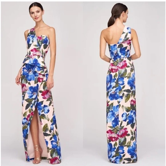 Kay Unger Laurel one shoulder spring floral multi gown - peplum beaded ruffle - Picture 1 of 7